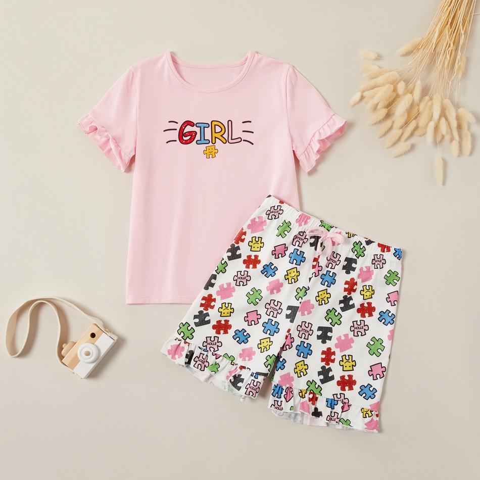 Casual Cartoon Geo Top and Allover Shorts Set